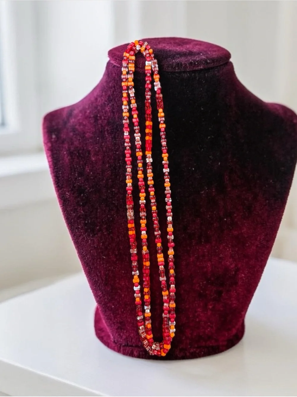 Vintage Red Orange Glass Bead Long Strand Necklace 49” Boho